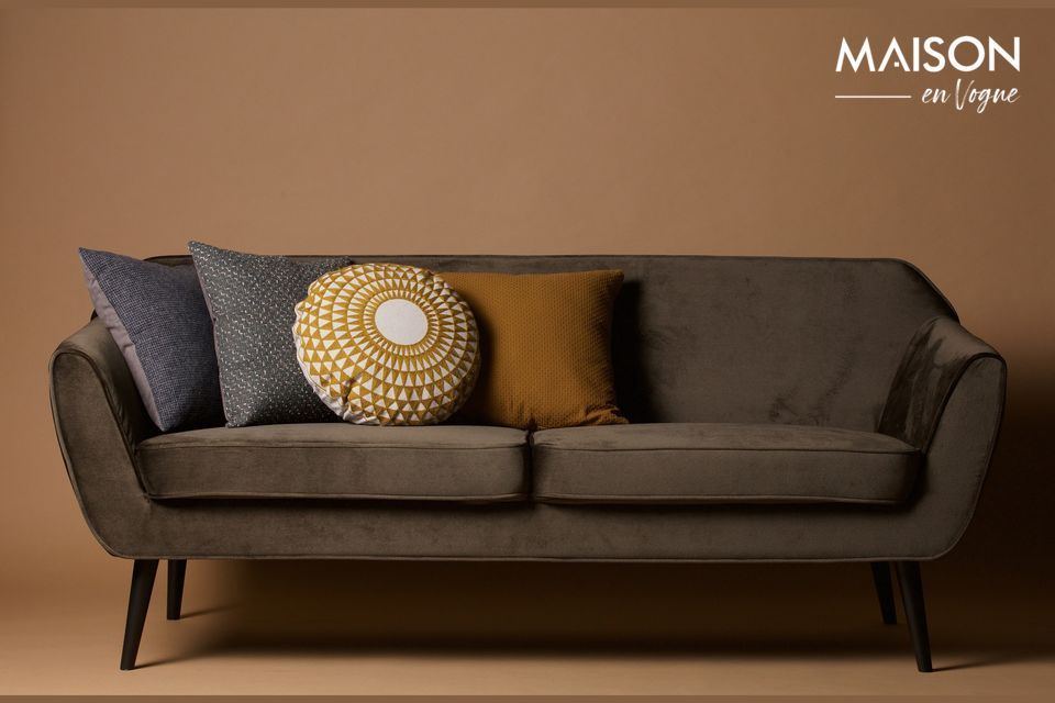 3-seater sofa in khaki velvet Rocco, modern and elegant.