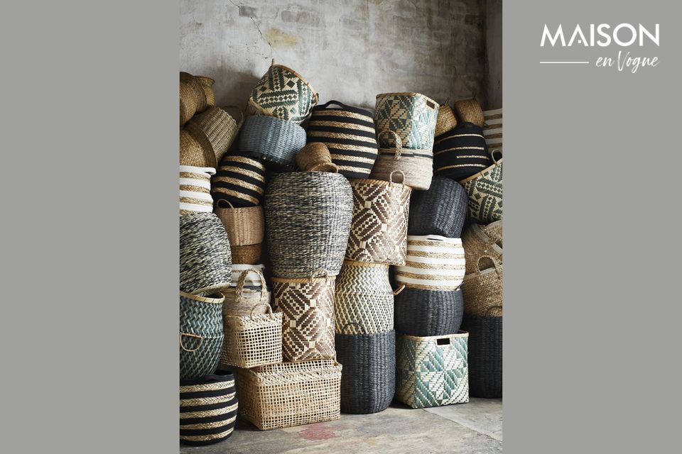 Basket with natural woven bamboo handles