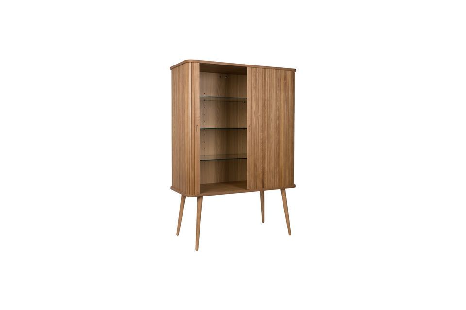 The shelves of the natural barber\'s cabinet are height-adjustable so that you can store everything