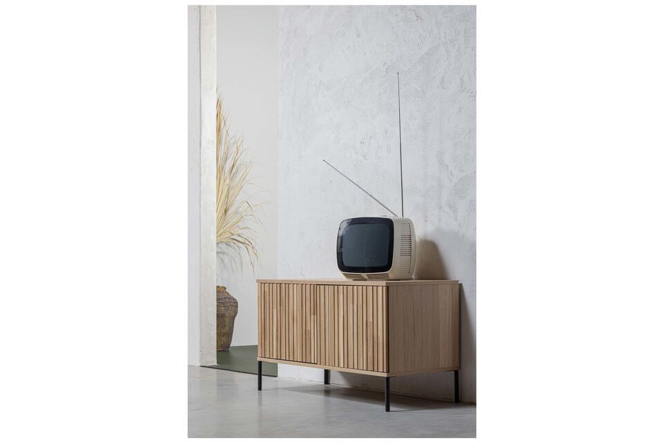 New TV stand, beige oak veneer and black metal, practical and versatile
