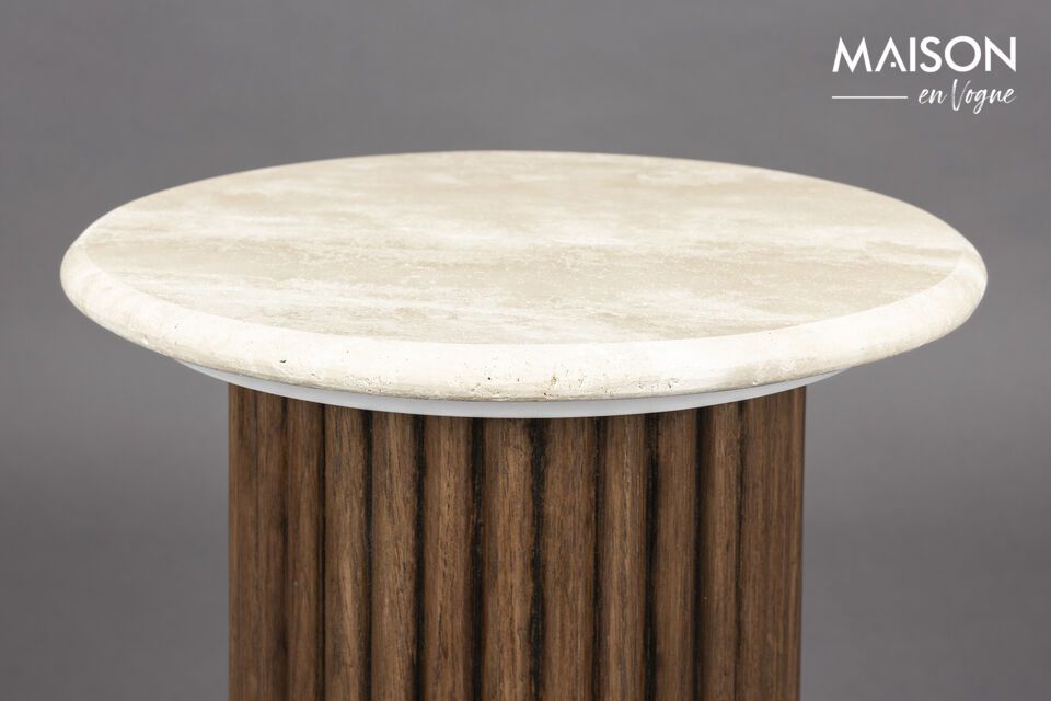 The Arda beige wooden side table evokes a world where warmth and elegance meet