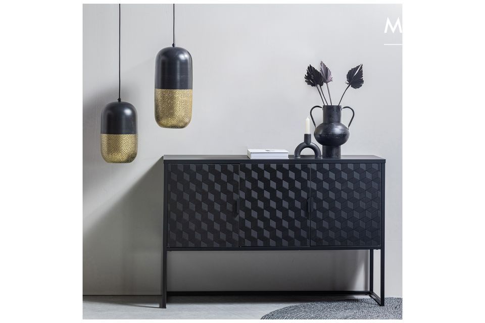 Woood black metal and brass pendant lamp, contemporary and elegant design.
