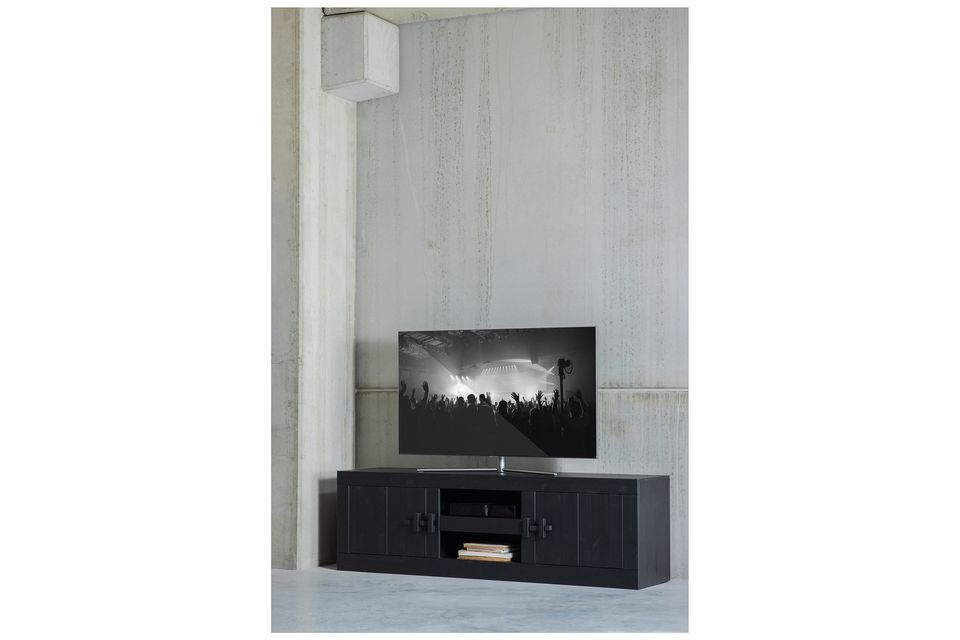 TV stand in solid black pine, robust and resistant