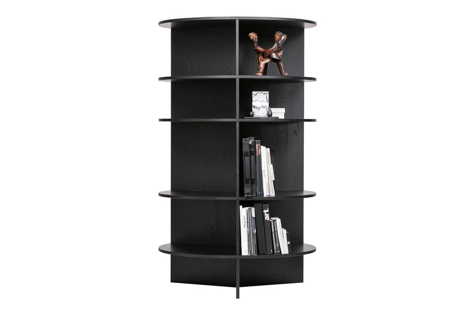Black wood book shelf, with rounded shapes