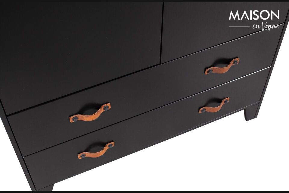 It has two drawers with two leather handles per drawer and two doors with a leather handle
