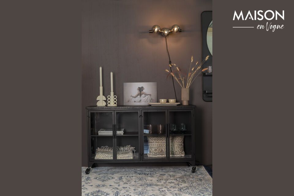 Storage and style with the black buffet on wheels.
