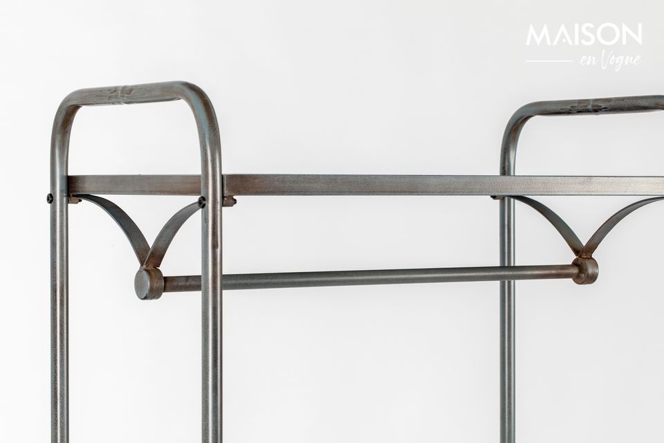 Coat rack on wheels, sleek and elegant.