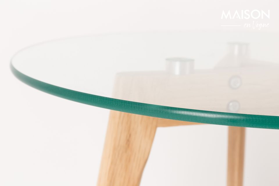 They combine the beauty of solid oak legs with the transparency of thick glass tops