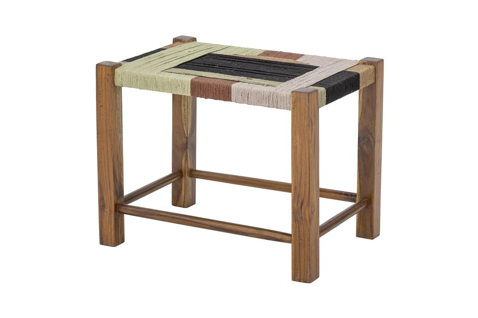 It is made of mango wood with a colored seat in jute
