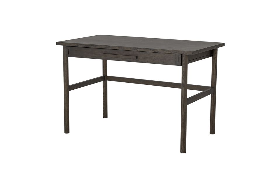 The desk is made of oak veneer in a warm, dark color