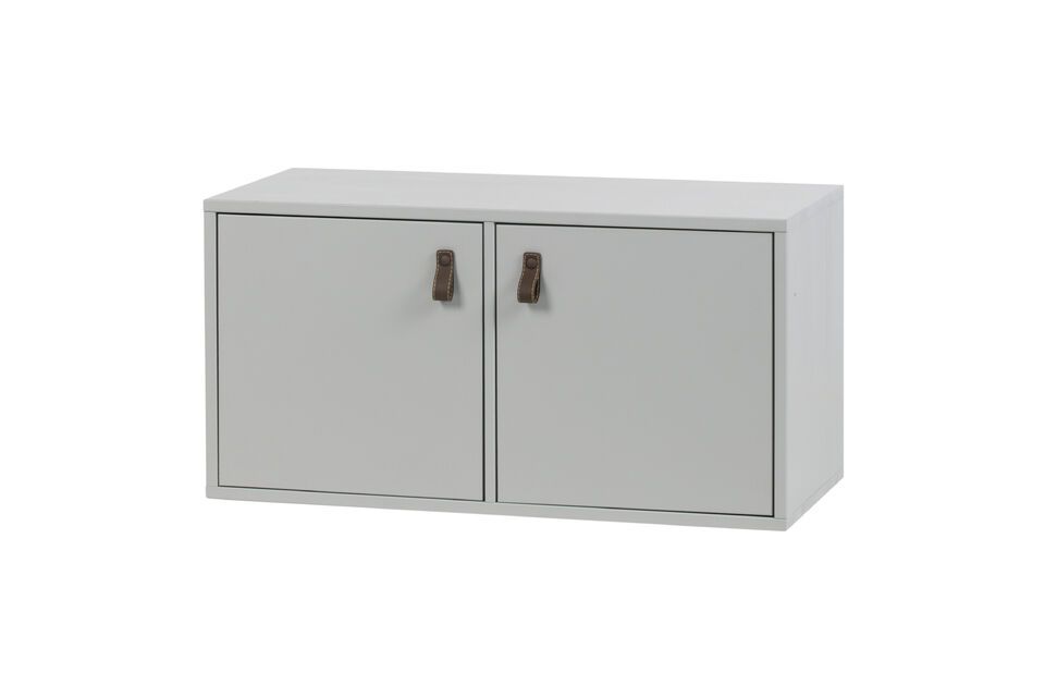 Its concrete gray finish and leather handle make it an elegant and practical piece of furniture for