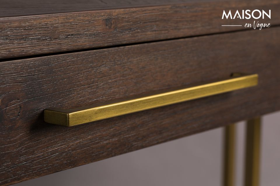 Its graphic structure in patinated copper supports an acacia veneered MDF top with a beautiful