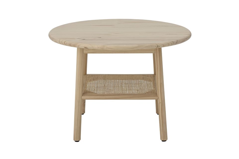 It is made of natural colored pine with a built-in rattan shelf underneath