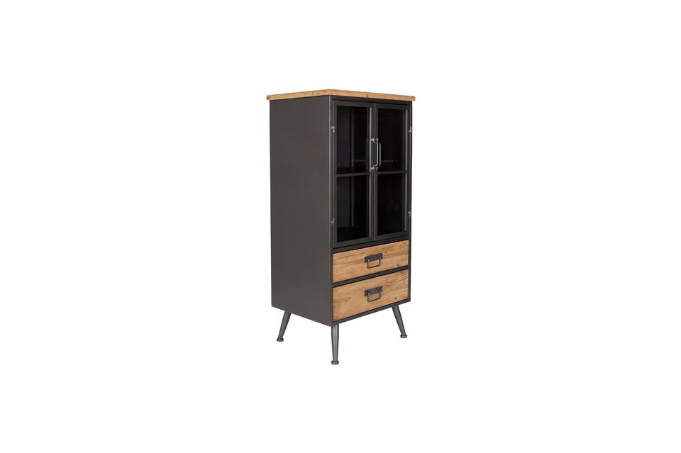 Its rectangular iron handles are reminiscent of the body of the cabinet