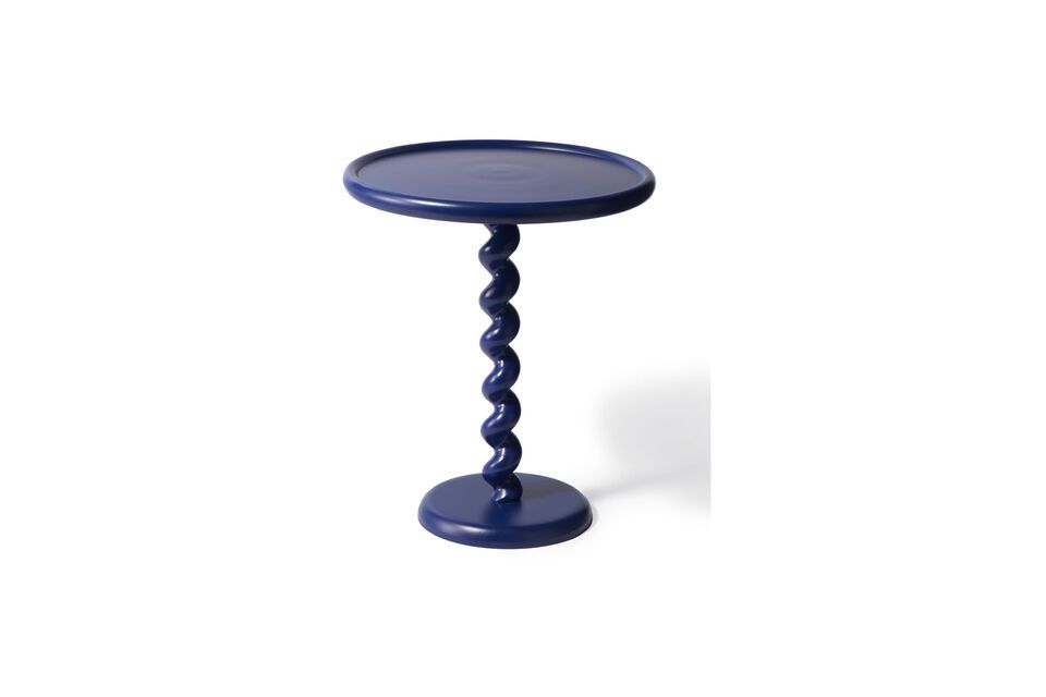 The Twister dark blue cast aluminum side table was designed by the designers at Pols Potten Studio