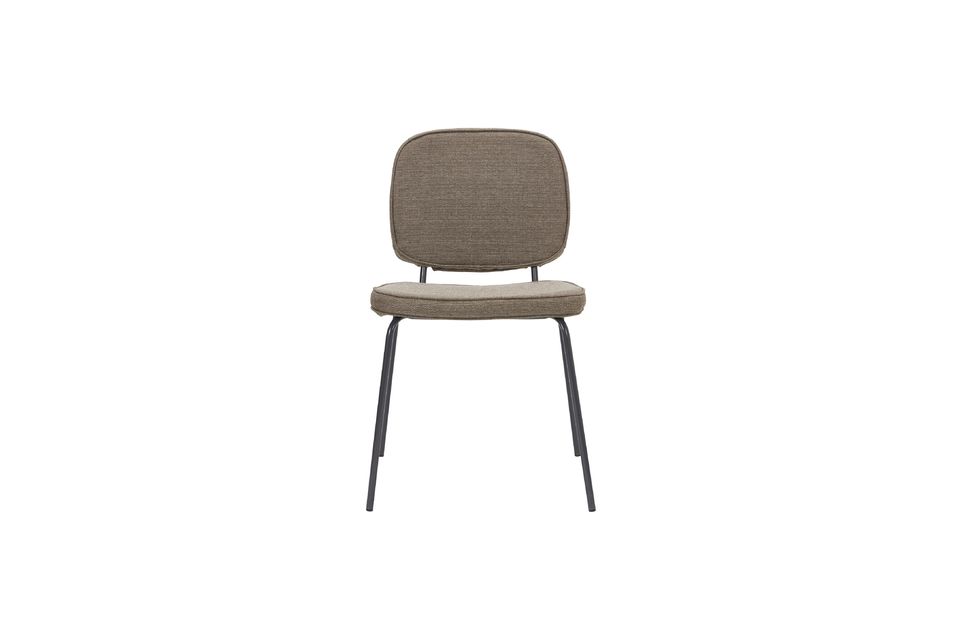 This chair with its comfortable dark sand colored polyester seat and steel legs is both simple and