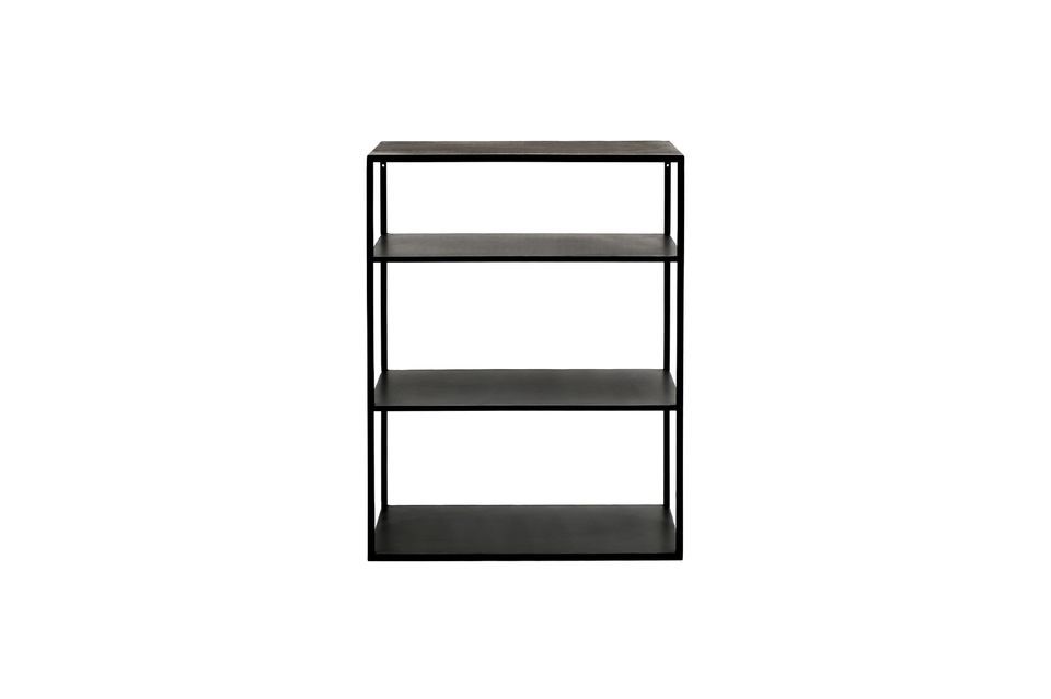 Black cabinet with 4 metal shelves.