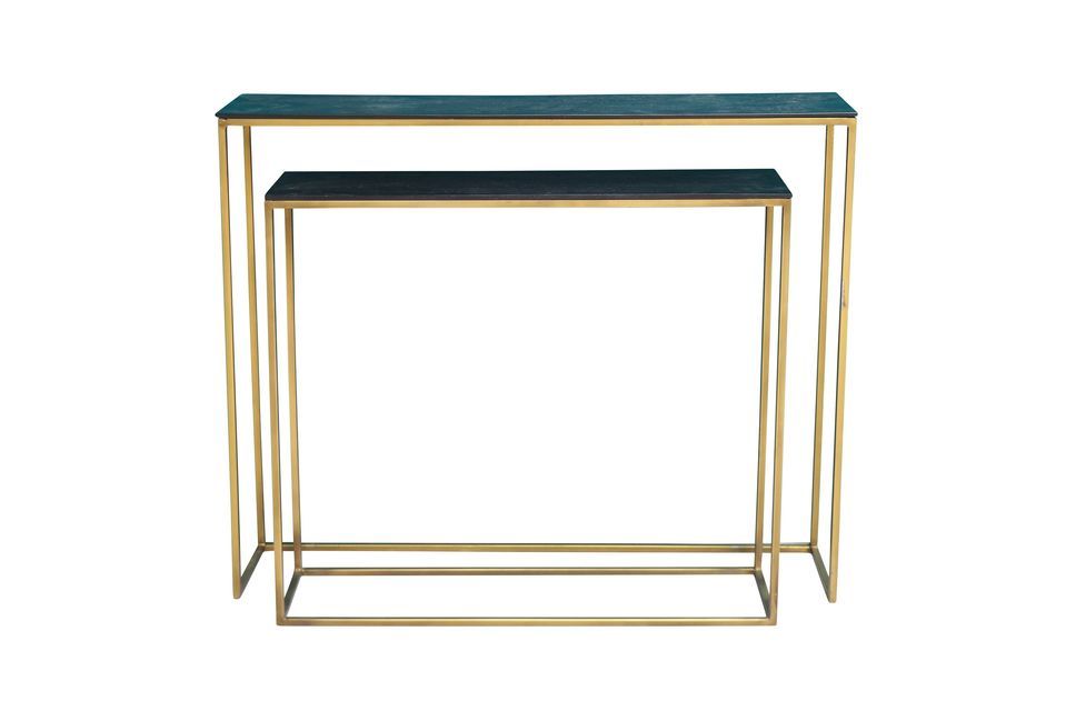 Two elegant mango wood nesting consoles with a gilded finish lacquered iron base