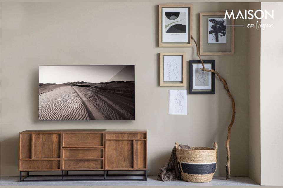 The Forrest TV stand is adorned with geometric lines warmed by the softness of wood