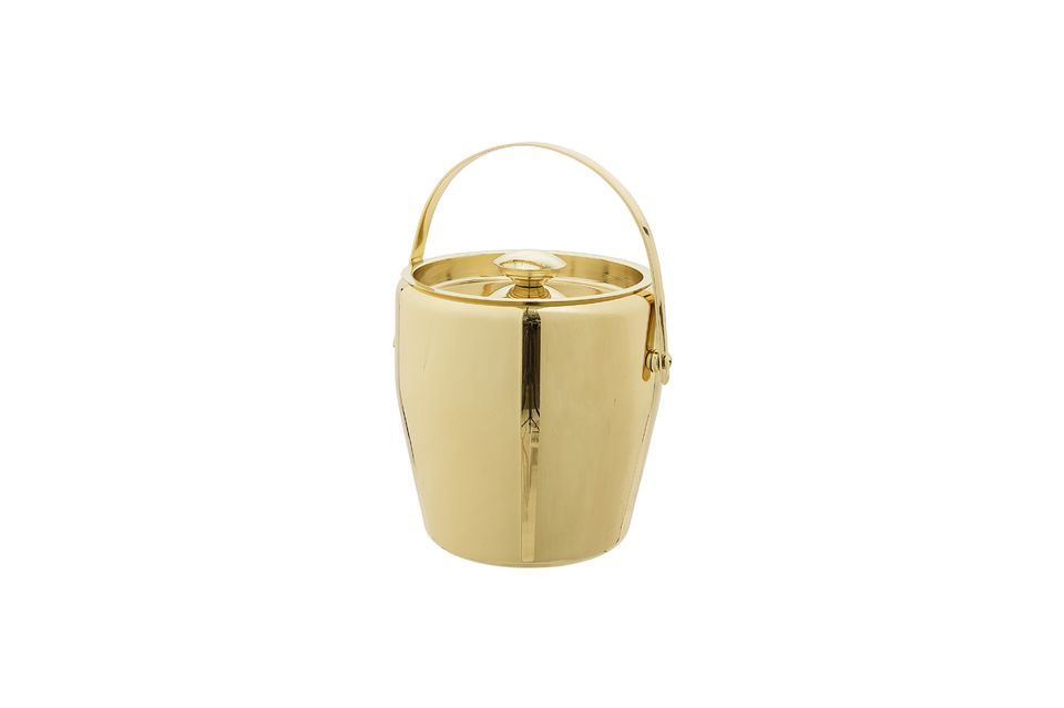 This stainless steel ice bucket is modern with a gold finish