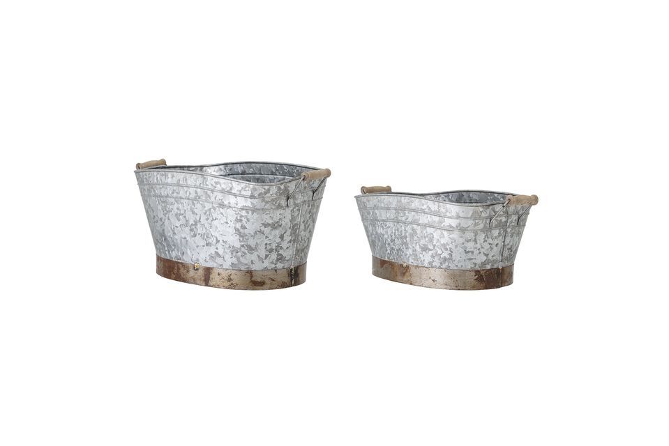 Bloomingville\'s Cimon bucket set consists of 2 gray and mango metal planters