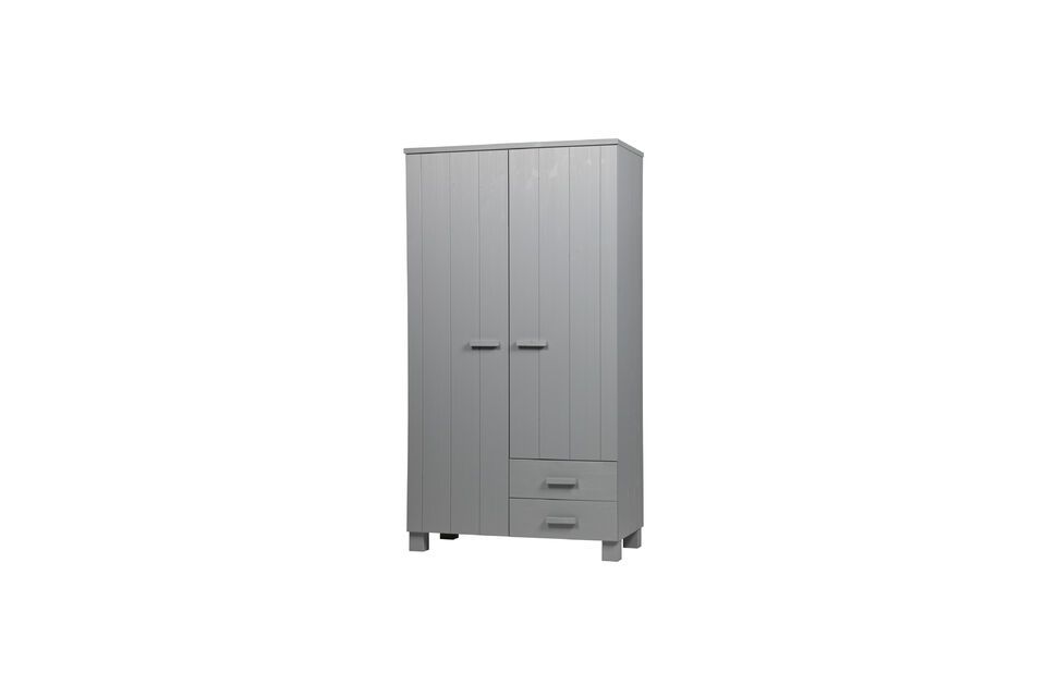 Its two doors conceal a melamine interior that houses several shelves of different heights as well