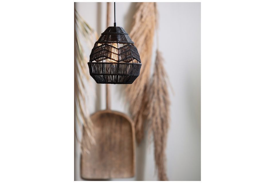 This hanging lamp is made of black paper rope, braided around a metal base