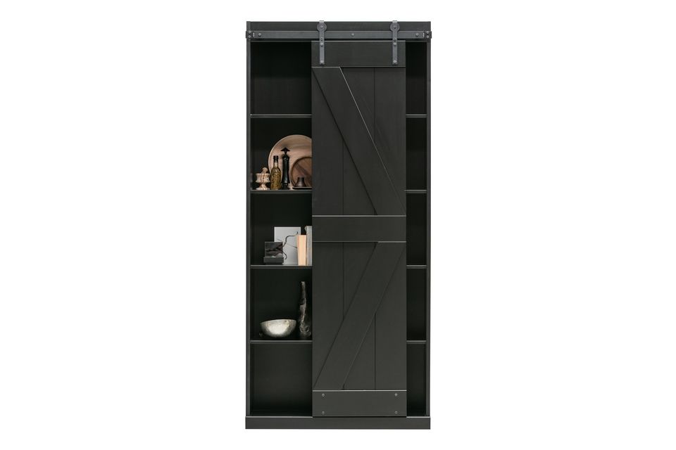 This contemporary storage unit with sturdy lines is composed of a sliding door in black pine wood