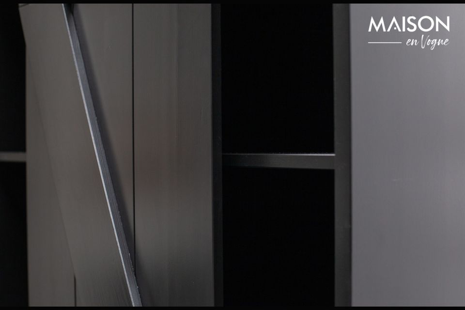 This black closet with its metal rail is chic and modern