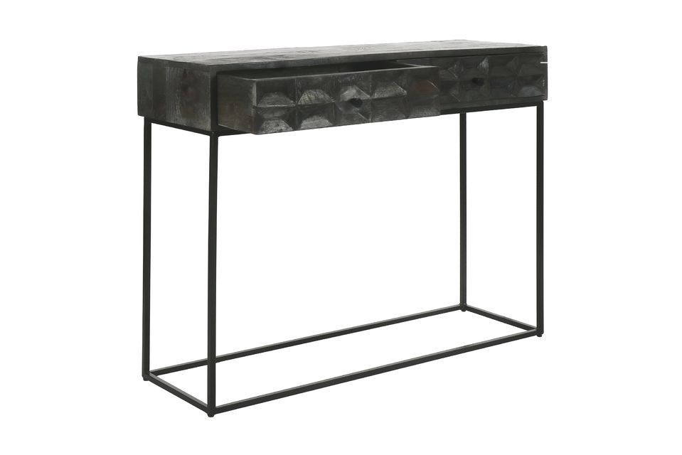 The Hex console is made of dark mango wood, with a carved front decorated with bevelled tiles