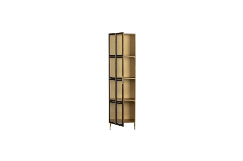 The Holy cabinet is made of glass and metal with an antique brass finish