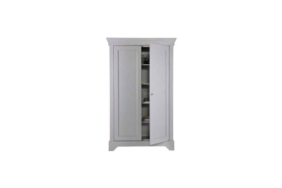 This cabinet features 4 shelves made of melamine particle board and doors with solid metal hinges