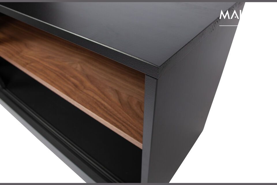 The James TV cabinet has two drawers and two open compartments with a sliding glass door