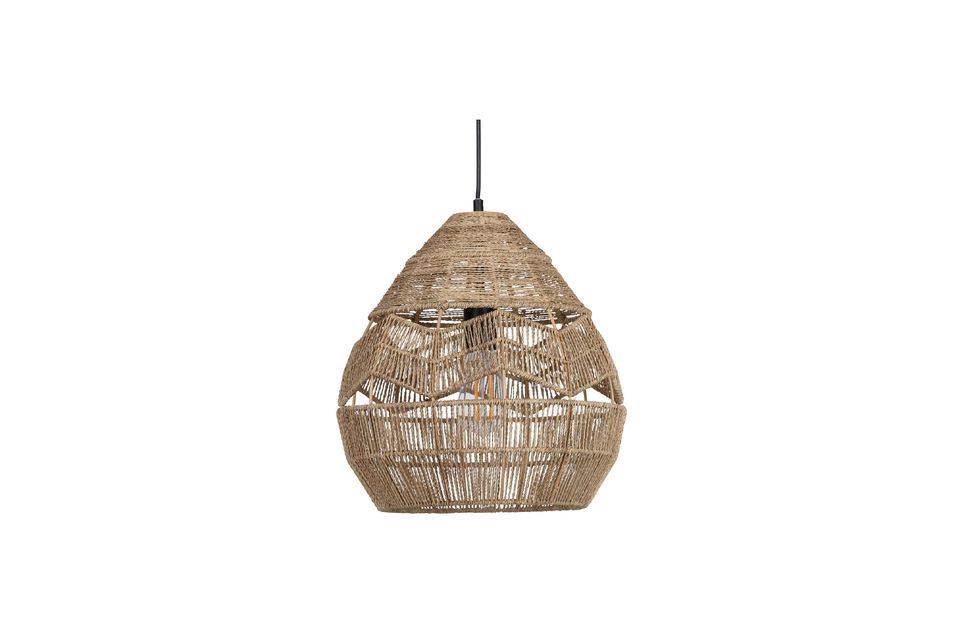 The playful effect of this hanging lamp is enhanced by the different patterns of the lampshade