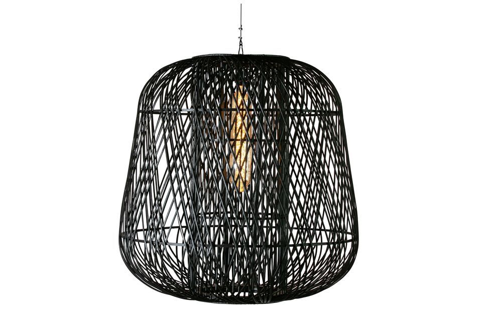 Moza suspension lamp in black bamboo, impressive, warm and elegant.