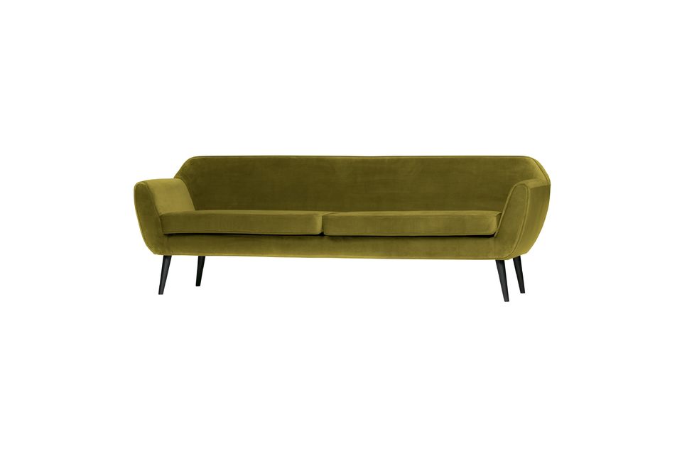 This modern sofa is designed for four people and is upholstered in 100% polyester velvet