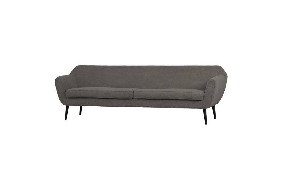 This sleekly designed two-seater sofa has plush fabric upholstery in dark gray and offers high