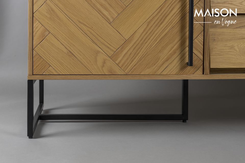 The sideboard features 3 central drawers and 2 doors on each side with herringbone pattern on the