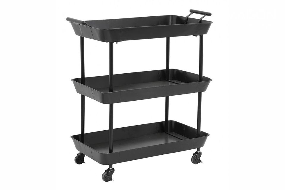 Practical and functional, this black metal table has a large carrying capacity