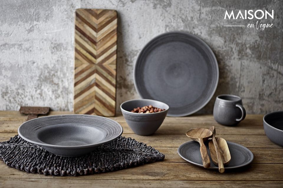The new Raben dinnerware is made of stoneware with a glossy dark glaze
