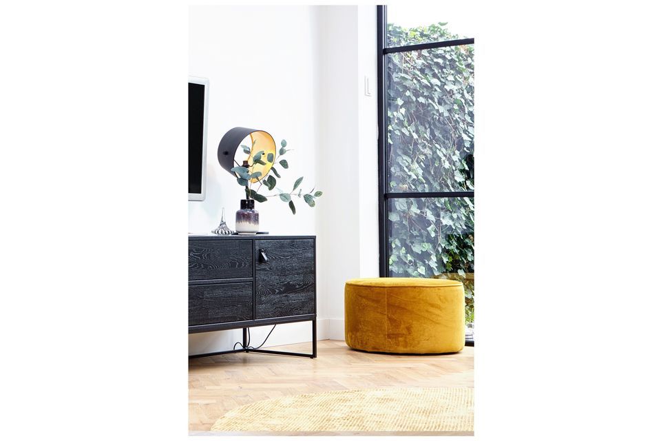 Round ochre velvet pouf, comfortable and luxurious