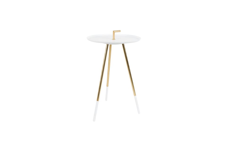 Its round white lacquered iron top is enhanced by a brass handle