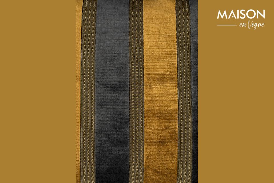 The Scott cushion has wide vertical stripes, alternating golden yellow and dark grey