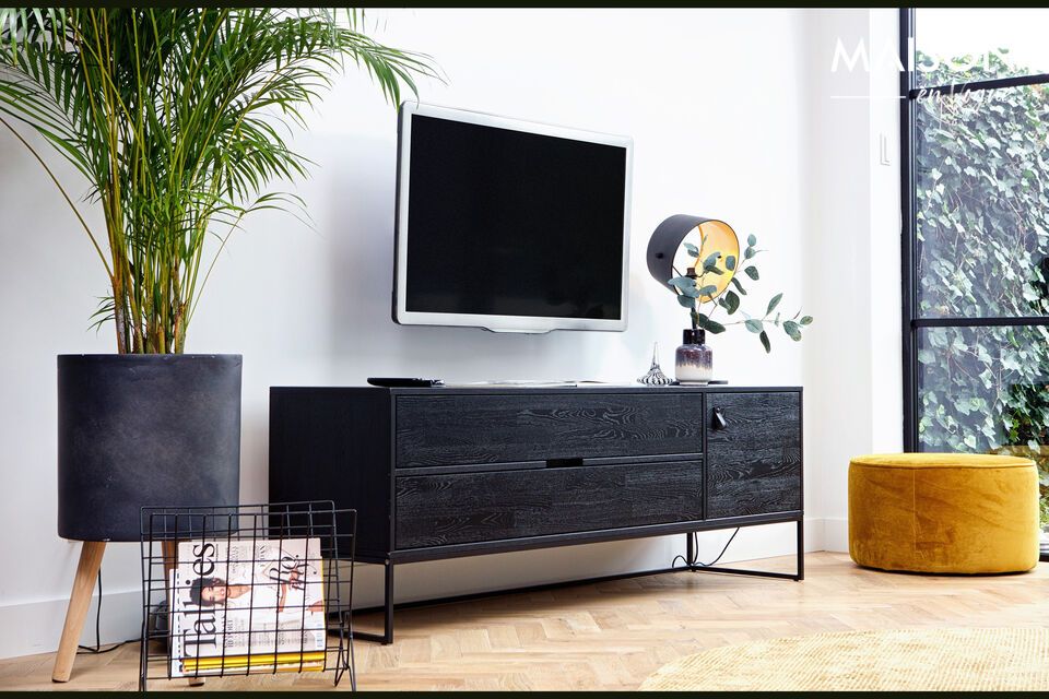 A wood and metal TV stand, elegant and modern.