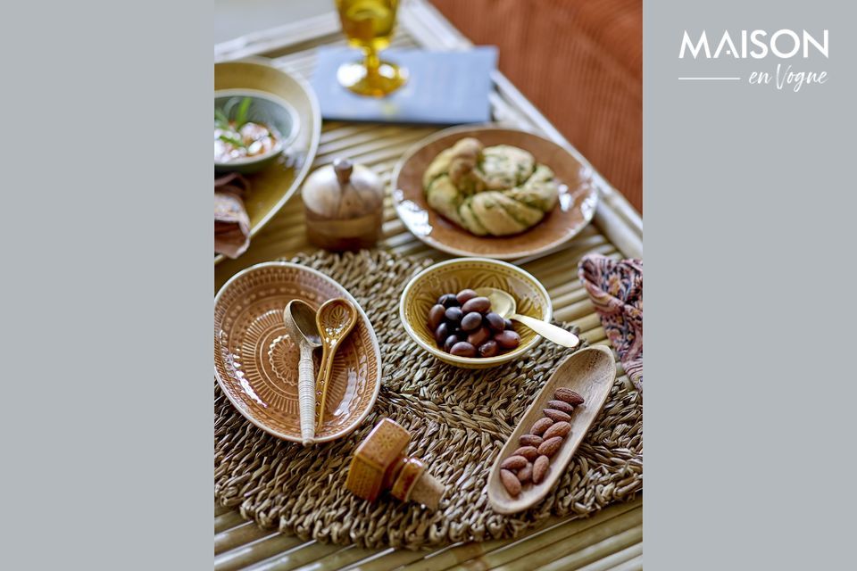 3 small stoneware plates, all in different colors: green, yellow and brown