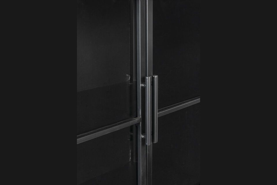 This distinctive unit features magnetic glass doors that open to reveal three spacious shelves