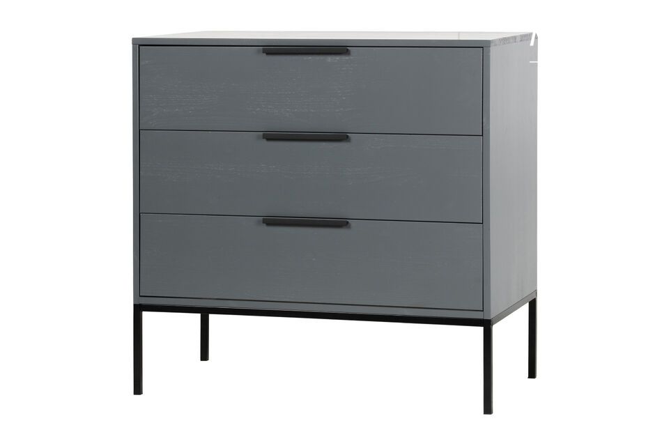 The steel base is powder coated in matte black, giving the dresser a contemporary look